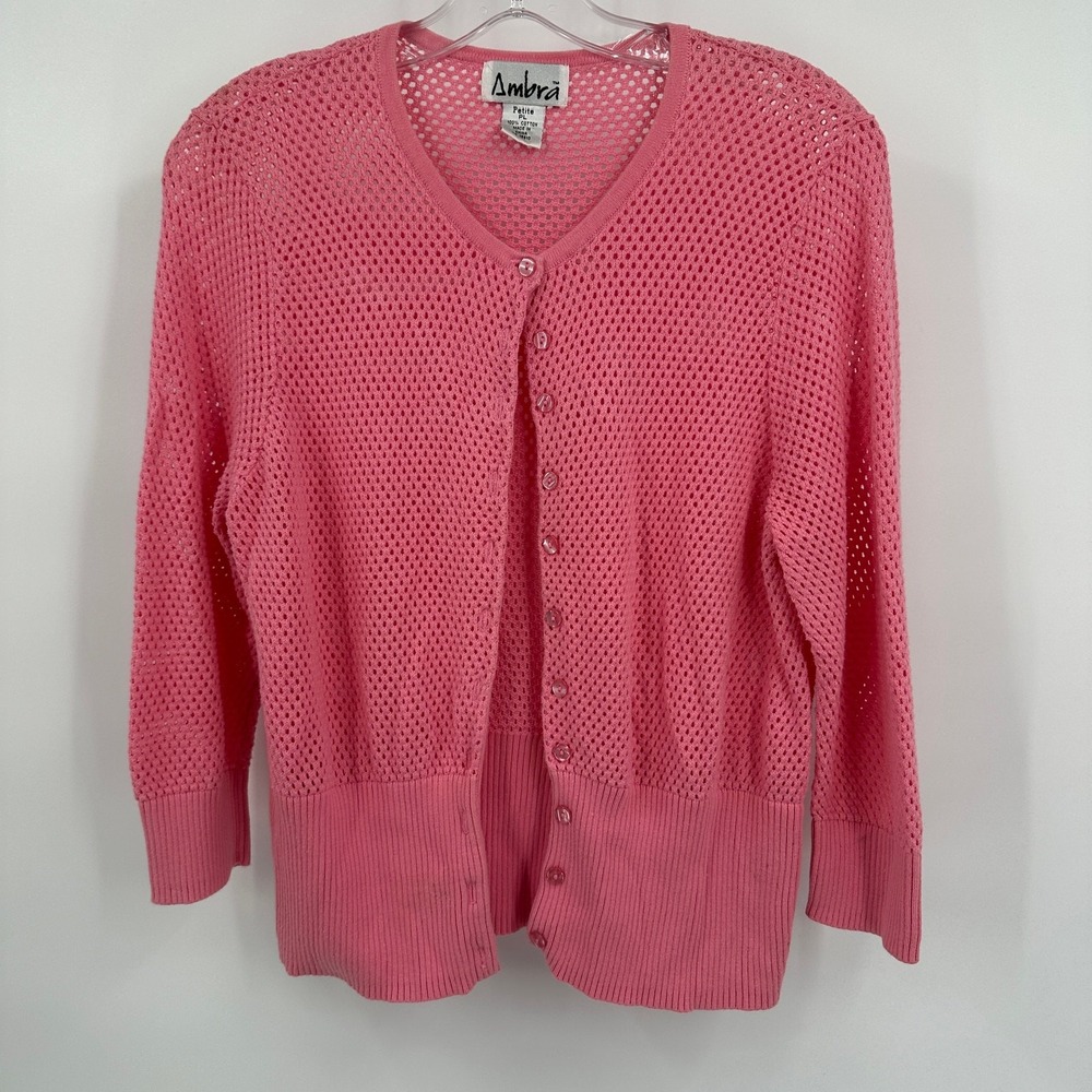 Womens Cottagecore‎ Cardigan Sweater Size PL Pink Preppy Feminine Open Knit